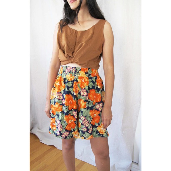 Vintage 90s Orange Floral Elastic Waist Flowy Shorts S M - Picture 2 of 2